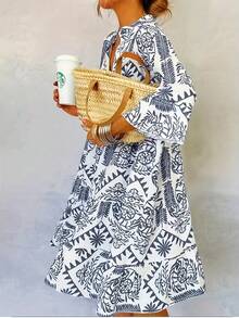 Plus Size Women Elegant New Fashion Floral Print Casual Loose Midi Dress, 3/4 Sleeve Shirt Dress, Suitable For Spring/Summer/Autumn