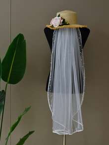 1pc Satin Beaded Bridal Veil, Waltz Length, Suitable For Wedding Ceremony, Wedding Photography Prop, Fingertip Length, With Hair Comb Fall Clothes For Women - Single Layer Veil - View 10