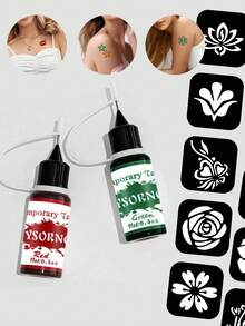 7-Color Henna Tattoo Cream + 62  Pattern Tattoo Stencils And Hand Templates Tool Set,  Body Art Marking Gel DIY, Semi-Permanent Tattoo Cream Face Body Painting Body Art Suitable For Halloween, Christmas, Birthday, Stencils Are Easy To Wash - 彩色 - 查看 5