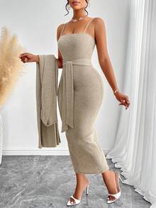 AIJ Amarilo 女士休闲优雅风格后开衩罗纹纯色细肩带中长连衣裙和外套 2 件套，配有侧腰系带 - 杏色 - 查看 7