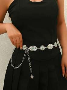 1 件复古时尚银色绿松石雕花腰带链，个性化精致金属链椭圆形亮片腰链，适合女性日常和派对穿着