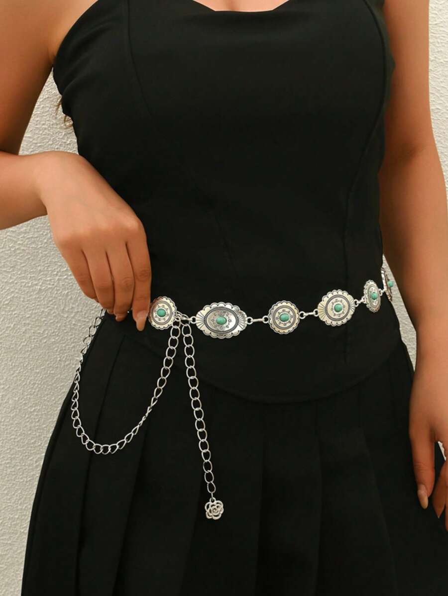1 件复古时尚银色绿松石雕花腰带链，个性化精致金属链椭圆形亮片腰链，适合女性日常和派对穿着