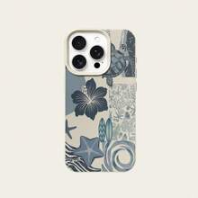 1 pieza Funda de teléfono con patrón de tortuga marina de ola floral elegante de material TPU azul, compatible con iPhone/teléfonos, versión internacional, no la versión nacional - Blanco - Ver 5