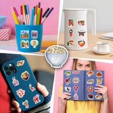 64 件/包可爱水彩日本旅行复古浪漫怀旧神秘美学涂鸦贴纸，可爱卡通趣味动漫美学标签贴纸适用于乐器装饰剪贴簿自粘文具卡片信封节日礼物青少年派对用品奖励激励，适用于学校用品，返校