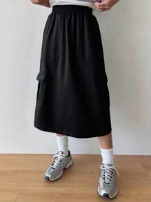 1 pièce Jupe longue élastique à taille haute de couleur unie, élégante et classique, avec poches latérales, en polyester, convient pour le printemps, l'été et l'automne, pour filles et adolescentes