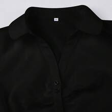 Women's Short Sleeve Back Tie Up Shirts Button Down Plaid Blouses Casual Tshirt Tops - Black - View 5