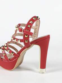 Black Studded Platform Chunky Heel Roman Sandals For Women - Red - View 9