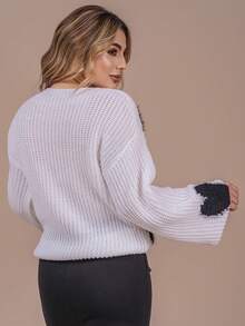 Heart Blouse With Fur Knit Wool Fang Puff Sleeve Women's Oversize Winter Cold Laffy Knit - 白色與黑色 - 查看 2