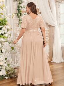 Vestido con mangas de mariposa, cuello en V, encaje floral, parche de gasa, cinturón de strass, talla grande, adecuado para invitados de boda, verano, cumpleaños, graduación, regreso a la escuela y otras ocasiones elegantes - Champán - Ver 3