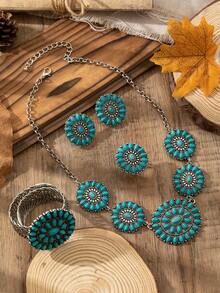 1 Set Stile Vintage Bohémien Donna Collana, Bracciale, Orecchini, Anello con Pendente a Goccia in Turchese Intagliato in Lega di Zinco. Adatto per abbinare gli outfit, uso quotidiano, vacanze e occasioni speciali - Turchese - Visualizzare 3