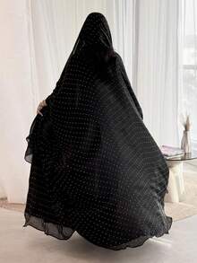 2pcs Modest Middle Eastern Dubai Rhinestone Embellished Long Robe With Headscarf Set, Abaya - Black - View 2