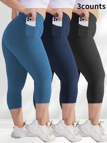 3 Packs Capri Leggings With Pockets High Waist Cropped Trousers Yoga Pants For Women Running Active 3/4 Length Leggings For Workout Exercise & Fitness Plus Size Black Navy Blue Combo - 1黑1藏青1藍色 - 查看 1