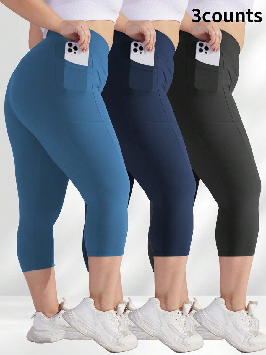 3 Packs Capri Leggings With Pockets High Waist Cropped Trousers Yoga Pants For Women Running Active 3/4 Length Leggings For Workout Exercise & Fitness Plus Size Black Navy Blue Combo - 1黑1藏青1藍色 - 查看 1