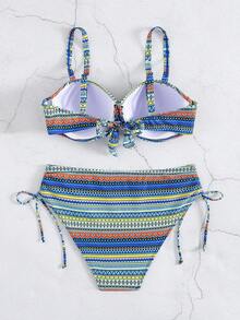Women's Two Pieces Swimwear Set, Retro Print, High Stretch Knit Fabric, Polyester 82% & Elastane 18%, Geometric Pattern, Drawstring Design, 195gsm Top, 130gsm Lining, Summer Beachwear Vacation - Royal Blue - View 2