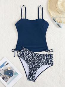 一套罗纹吊带背心和印花泳裤，高弹力，不透光，可机洗 - 女士时尚泳装 - 藏蓝色 - 查看 3
