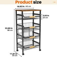 5 Tier Rolling Storage Trolley On Wheels, Large Capacity Kitchen Trolley, Mobile Utility Trolley With Wooden Table Top And Mesh Basket, Bathroom, Laundry Room