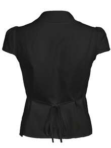 Women's Short Sleeve Back Tie Up Shirts Button Down Plaid Blouses Casual Tshirt Tops - Black - View 4