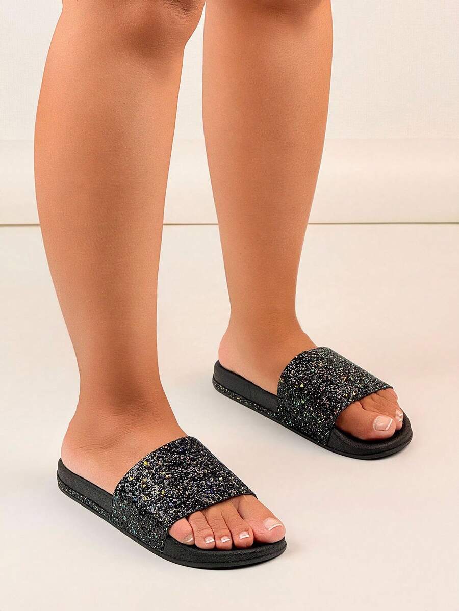 Women's Sequin Embellished Thick Sole Casual Comfortable Non-Slip House Slippers, Summer - Black - View 1