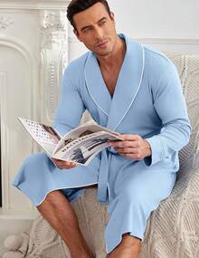 Mens Robes Lightweight Waffle Knit Kimono Bathrobe Long Sleeve Sleepwear Soft Knee Length Robe With Pockets S-3XLhalloween - Clear Blue - View 9