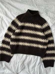 Gestreifter Strickpullover mit KontrastFarbblock, eleganter lässiger Streetstyle Rollkragenpullover für Damen mit Langarm, modischer Damen-Strickjacke mit Langarm, Herbst/Winter Material, Weiß/Rundhals Pullover/Langarm/Schulanfang/Einfarbig/Halloween/Schuloutfit//Basic/Süß/, Damen Schulanfang Mode, geeignet für Herbst/Winter Pendeln, Boho Damen Alltag Lässig, Strickpullover für den Herbst