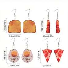 4 Pairs Of Acrylic Gourmet Pendant Earrings, Food-Themed Fried Eggs, Pizza, Toast, Bacon Designs, Cute And Unique Jewelry For Daily Wear, Party Accessories, The Perfect Gift For Food Lovers - 4 cặp - Xem 5