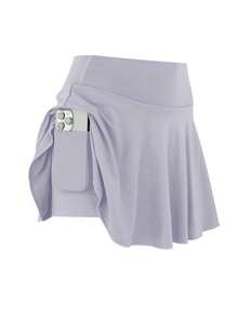 3pcs/Set Women Sports Skirt, Casual High Waist Workout Leggings, Running Shorts With Pockets Faux 2 Pieces Design - 黑白灰 - 查看 2