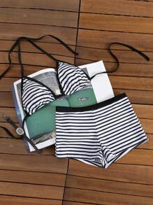 新款女士黑白条纹印花露背系带修身短裤性感简约比基尼套装 - 黑與白 - 查看 8