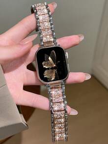 1条兼容苹果手表的表带，男女通用，锌合金材质，银色和玫瑰金双色金属表带，闪亮水钻复古表带，兼容苹果手表38/40/41/42/44/45/46/49毫米，休闲商务佩戴皆宜，兼容苹果手表Ultra/SE/10/9/8/7/6/5/4/3/2/1，配件 - 銀色間玫 - 查看 5