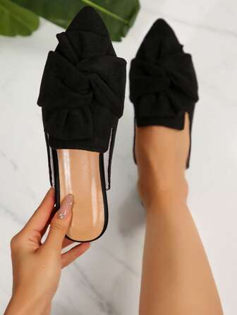 黑色绒面穆勒鞋，尖头一脚蹬乐福鞋，带超大蝴蝶结装饰，露背优雅百搭平底鞋，适合女士，春秋季