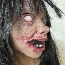 1 pezzo Maschera spaventosa da fantasma femminile con capelli lunghi, Zhen Zi, testa di zombie mutante e disgustosa, per Ognissanti Casa Infestata.