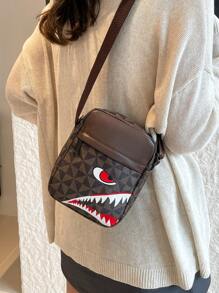 格纹休闲单肩斜挎包，男女通用时尚运动斜挎包个性方形手提包，男女通用商务包竖款鲨鱼嘴设计女包