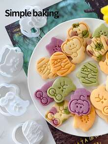 4pcs Ghost Pattern Cookie Mold Set, Parent-Child Cookie Mold, Halloween And Day Of The Dead Party Decoration, Cute Cartoon Ghost Shaped Cookie Stamp, Easy To Use Cookie Cutter - White - View 4