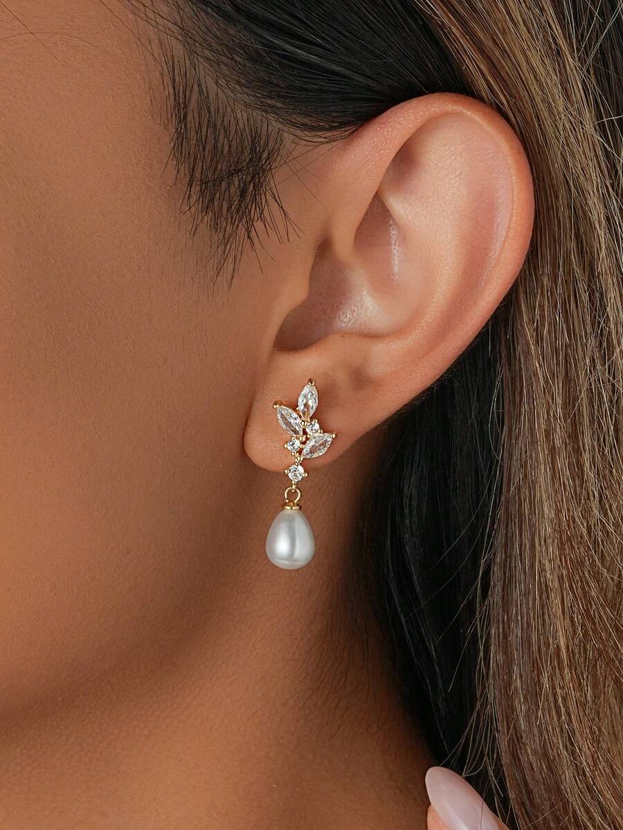 1 对华丽的镀金珍珠和方晶锆石吊坠耳环 - 适合日常佩戴、宴会、聚会、婚礼 - 新娘珍珠耳环 - 多色2號 - 查看 1