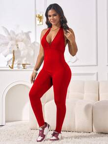 Mono de mujer con escote en V, cuello de corbata, espalda abierta y drapeado, elegante para primavera/verano - Rojo - Ver 8