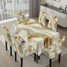 Set de 5 piezas/7 piezas de mantel y funda para silla de mármol ondulado de platino de alta calidad, lavable, adecuado para todas las estaciones, decoración del hogar, fiesta interior y exterior