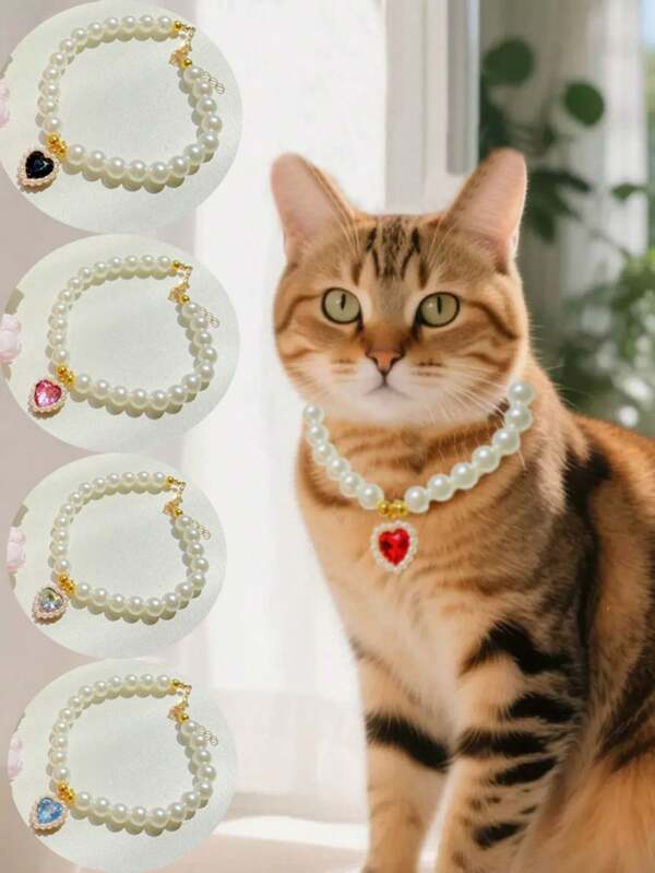 1pc Cute Princess Style Heart Pendant ABS Faux Pearl Adjustable Pet Necklace, Suitable For Cats And Dogs Daily Wear