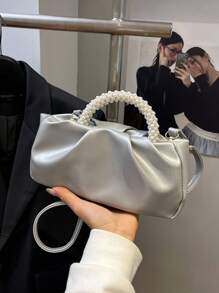 1 件绗缝按扣 PU 纯色挎包，新款时尚珍珠装饰褶皱云形甜美女孩珠光派对单肩包，配有可调节肩带，适合日常通勤、办公室、派对、宴会