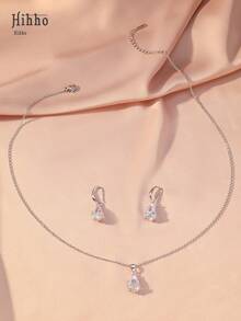 Hihho 3pcs/Set Stainless Steel Chain Necklace, Women Jewelry Transparent White Zirconia Inlaid Water Drop Pendant Necklace And Earrings, Fashionable Minimalist Water Drop Design, Suitable For Daily Wear, Holiday And Date Gift - Silver - View 2