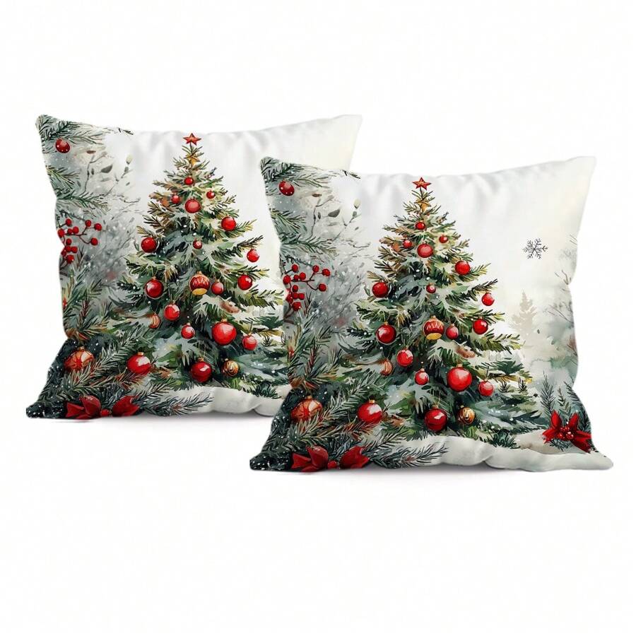 2pcs Christmas Tree Printed Pillow Cover Set - Peach Velvet Pillow Case 45*45cm