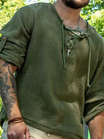 男士时尚纯色纹理衬衫，舒适棉质面料，系带设计，百搭休闲衬衫，适合日常穿着、度假、工作，也是男士礼物和秋季穿着的理想之选。