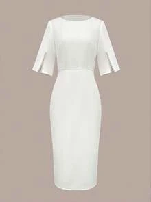 Women's White Faux Pearl Classic Round Neck Short Sleeve Belted Mid-Length Dress - White - View 8