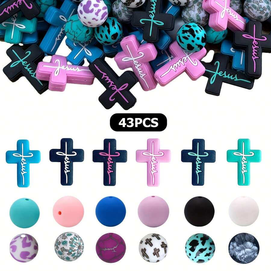 43pcs Christian Silicone Cross Beads Multicolor Silicone Bead Set, Mixed Colors, 15mm Flat Round Beads, For DIY Crafts Jewelry Making Jewelry Pen Phone Strap Pendant - 2D Cross Series - View 1