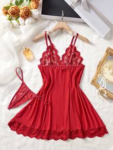 Women's Solid Color Mesh Contrast Lace Sheer Sexy Slip Nightgown - Burgundy - View 3