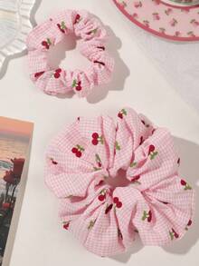 2条/套 春夏波西米亚风针织樱花粉色格子发圈，甜美乡村海滩风柔软弹力发圈，大号和小号可选，可扎马尾，可用作发圈，洗脸、化妆、居家健身等场合的女士发饰，也可用作头饰或弹力发带 - 彩色 - 查看 2
