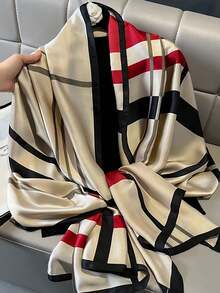 1件女士时尚条纹纯色轻薄围巾，优雅披肩，适合户外和海滩活动搭配连衣裙 - 米色 - 查看 7