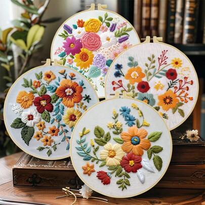 Kit de bordado de 1 peça, 20x20 cm/7,9x7,9 polegadas, lindo tema floral, kit de bordado faça você mesmo feito à mão, adequado para adultos e iniciantes, incluindo manual do usuário, tecido estampado, bastidor de bordado, agulhas e linhas