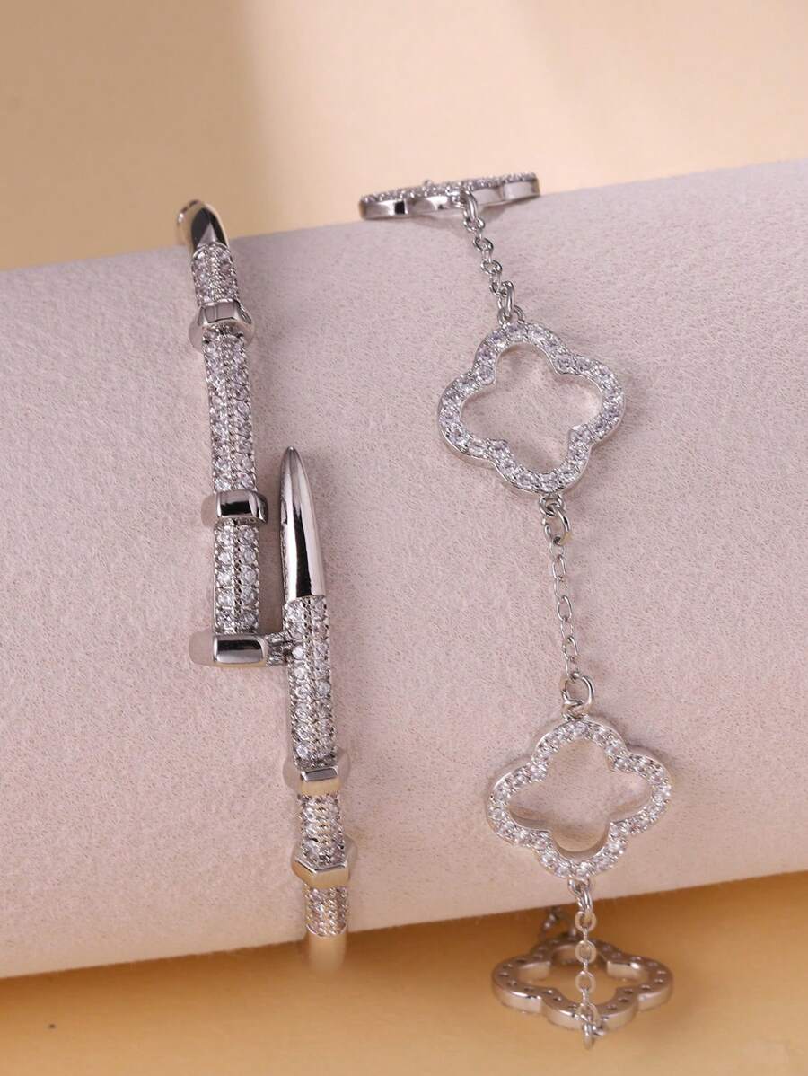 1 Set Fashion Silver Four-Leaf Clover Nail Bracelet, Cubic Zirconia Women's Bracelet, Suitable For Stacking And Daily Wear, Luxury Jewelry Gift For Holidays