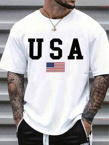 Camiseta de Hombre de EE. UU. Cómoda Cuello Redondo Casual Algodón Mangas Cortas Suave Transpirable Top Ropa de Hombre Camiseta Verano Primavera Ropa de Calle Tela de Algodón Impresión de Letras de Moda - Negro - Ver 1