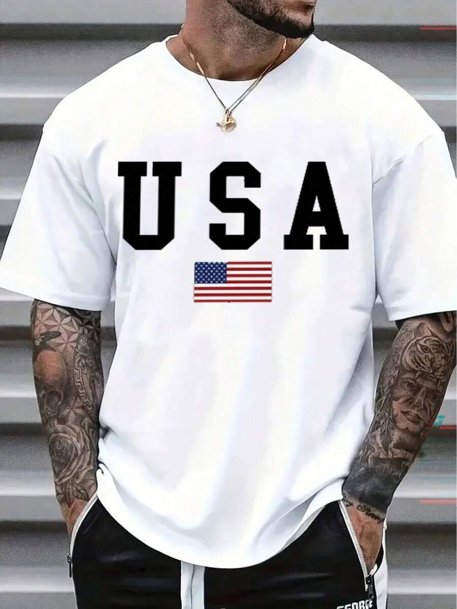 Camiseta de Hombre de EE. UU. Cómoda Cuello Redondo Casual Algodón Mangas Cortas Suave Transpirable Top Ropa de Hombre Camiseta Verano Primavera Ropa de Calle Tela de Algodón Impresión de Letras de Moda - Negro - Ver 1