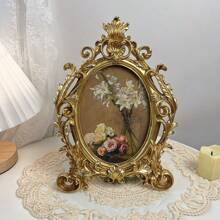 1pc Vintage Gold Flower Photo Frame, Oval Retro Frame, Desktop Picture Display Stand, Home Decor, DIY Frame, Modern Home Decoration, Suitable For Living Room And Bedroom, Center Decor, Halloween And Christmas Gift, Graduation Gift, Wedding Decoration - Multicolor - View 1